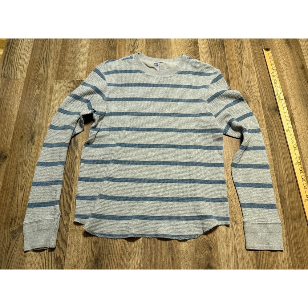 GAP Shirt Mens Size S Gray Blue Striped Thermal Long Sleeve Crewneck Waffle Knit